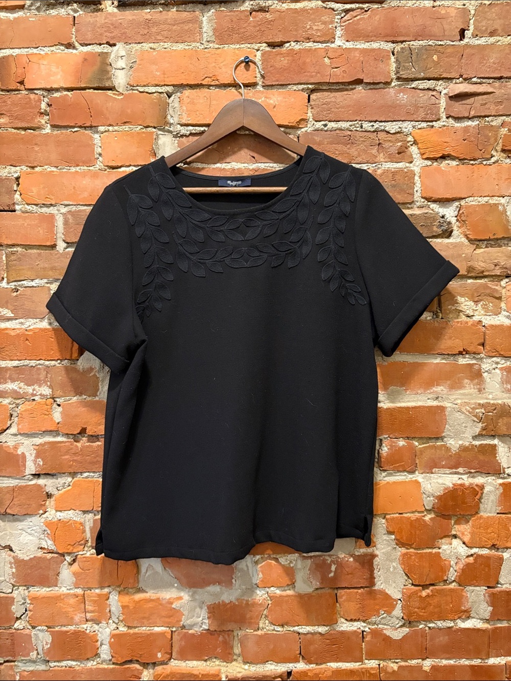 Madewell Black Short-Sleeve Embroidered Leaf Top